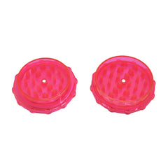 Two-piece 75mm pink plastic herb grinder with sharp acrylic teeth, perfect for custom sublimation and spice grinding in kitchens or gifts.