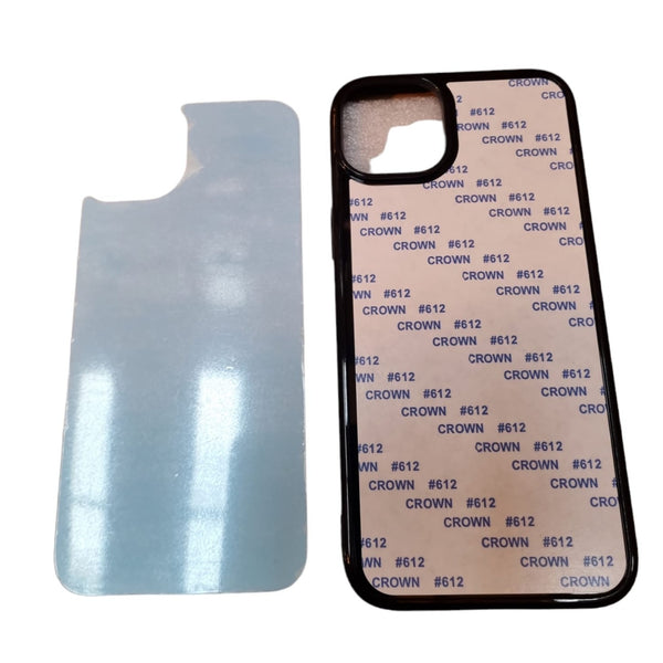 iPhone 15 Plus 6.7 - SubliFlex - Black sublimation case with soft rubber edges and a peel-away adhesive back, includes white metal insert panel.