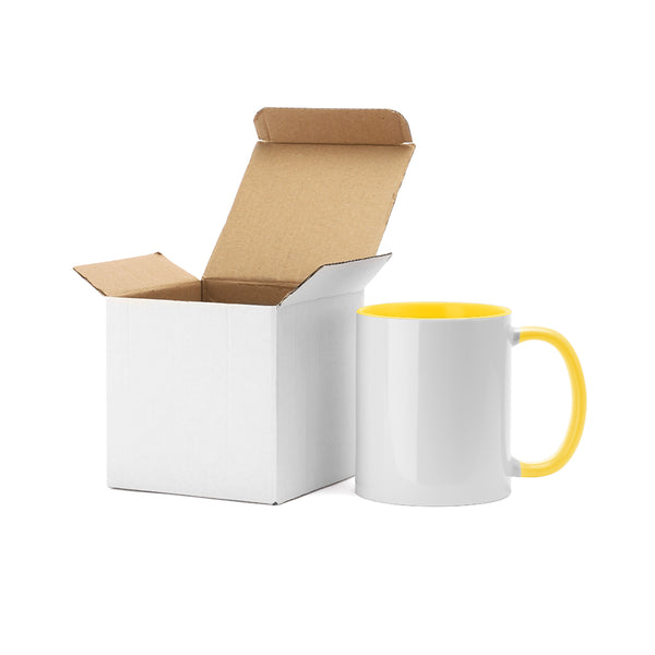 11oz Inner and Handle Colour Mug-Yellow with white gift box, ideal for sublimation printing and custom drinkware in kitchen and dining collections.
