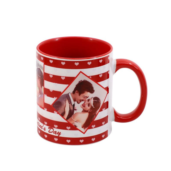 11oz red sublimation mug with red inner and handle, photo print and heart pattern