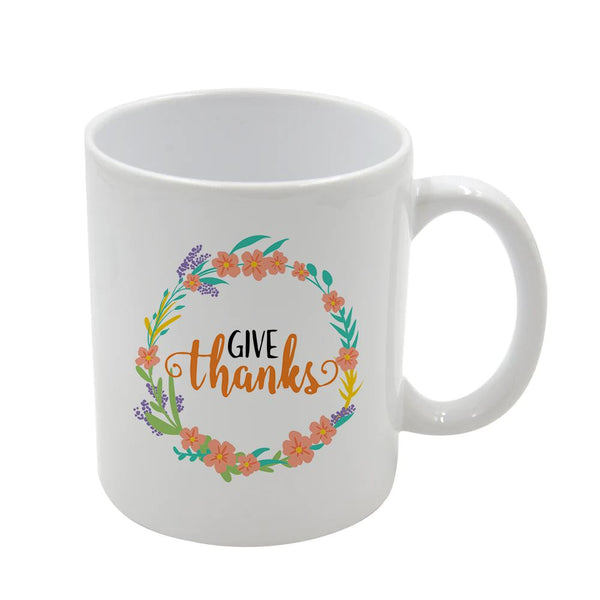 11oz Orca Coated Glossy Durham Style Mug with 'Give Thanks' floral design, ideal for sublimation printing and dishwasher-safe use.