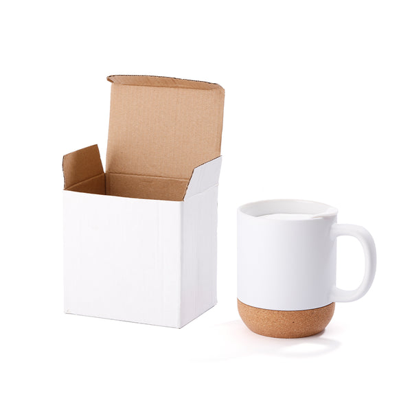 13oz sublimation coffee mug with detachable cork base and matte white finish shown next to its white packaging box, ideal for custom drinkware gifts.