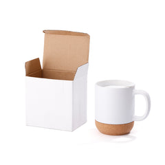 13oz sublimation coffee mug with detachable cork base and matte white finish shown next to its white packaging box, ideal for custom drinkware gifts.