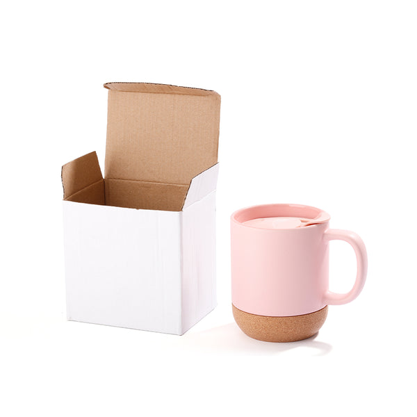 13oz sublimation coffee mug with detachable cork base in matte pink shown next to white packaging box, ideal for custom gift or retail display.
