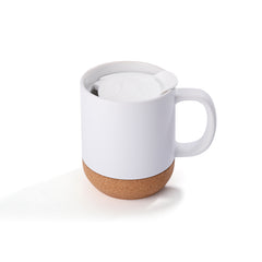 Matte white 13oz sublimation mug with eco-friendly detachable cork base and white lid, perfect for personalized coffee cup designs.
