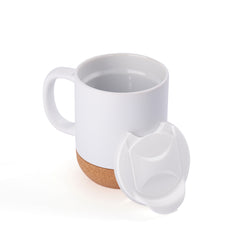 13oz sublimation mug in matte white with cork base and removable white lid, designed for custom printing and unique gift ideas.