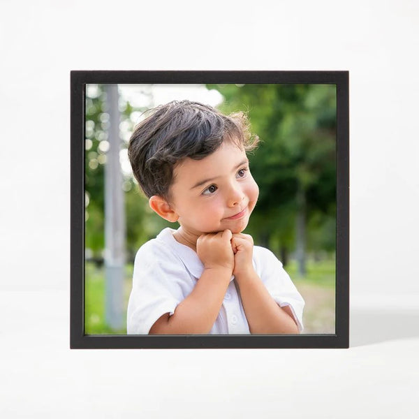 Photo block frame Black - 7.8 x 7.8 x 1.6 displaying a child's portrait, ideal for personalized home decor and sublimation photo printing.