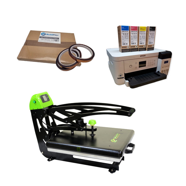 Galaxy heat press starter kit with Epson printer, sublimation inks, heat-resistant tape, and clam press for custom t-shirt printing.
