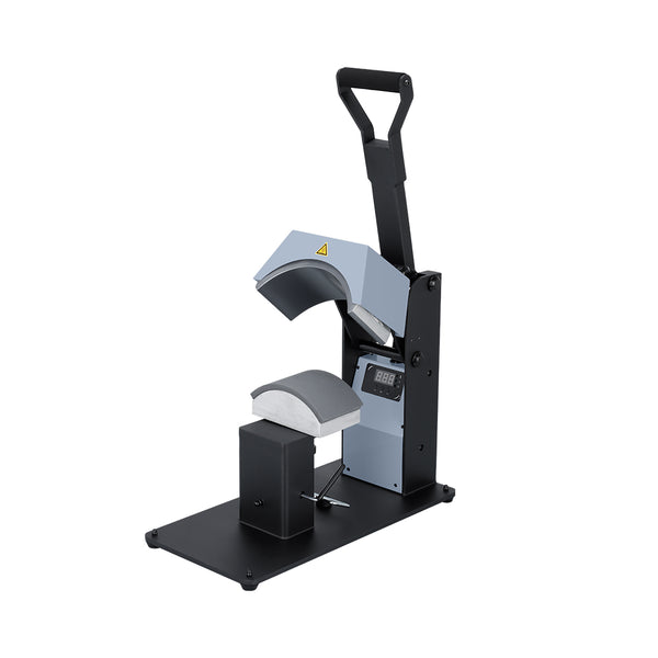Galaxy Cap Press - Grey heat press machine with digital control panel and curved upper platen for cap printing in industrial settings.