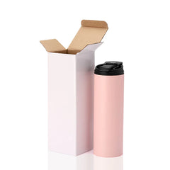 20oz pink sublimation skinny tumbler with black lid and open white box, blank for printing