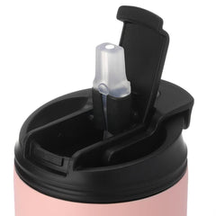 Close-up of pink sublimation skinny tumbler with black flip lid and straw for custom printing