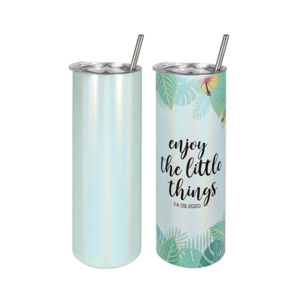 Mint green 20oz stainless steel sublimation tumbler with sparkle finish and reusable straw