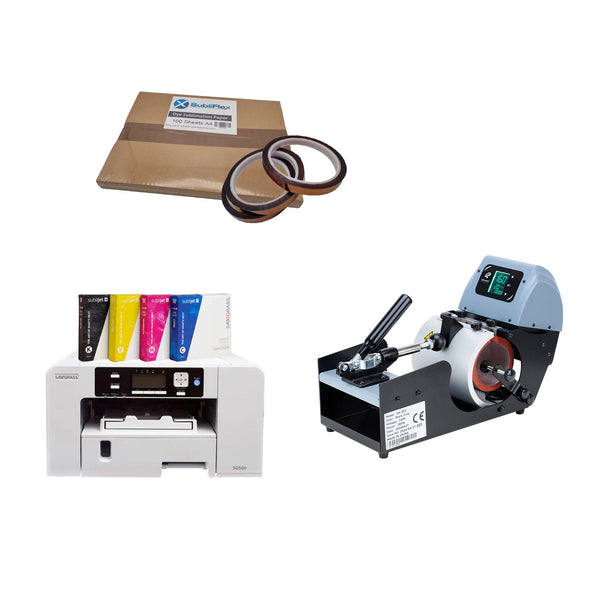 Sublimation Mug Press Starter Kit with Epson printer, heat tape, and mug press machine for custom mug printing. Ideal for beginners in sublimation.