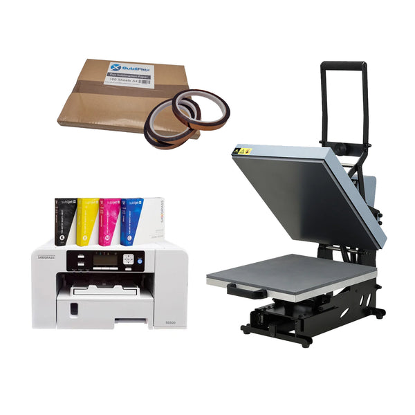 Galaxy heat press starter kit with clam press, Sawgrass SG500 printer, sublimation paper, and heat tape for mug and t-shirt printing.