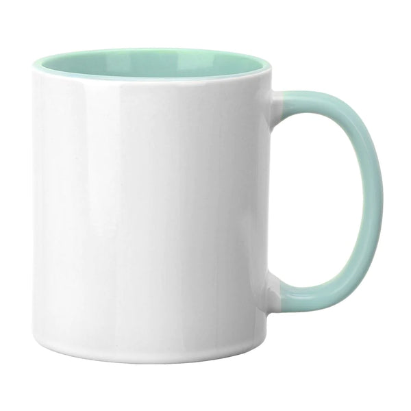 11oz mint green coloured inner and handle ceramic mug with white sublimation-ready exterior, ideal for custom printing and personalization.