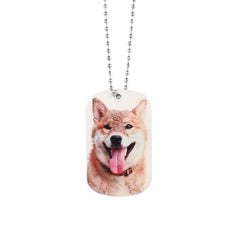 Sublimation blank dog tag necklace featuring a printed dog image, ideal for laser engraving.