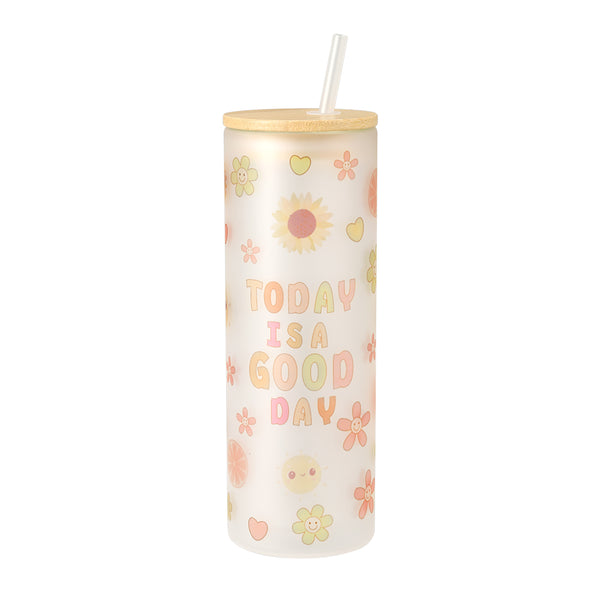 20OZ Double wall Glass Tumbler - Matt with floral and sunshine design, bamboo lid, and straw, ideal for sublimation and daily use.
