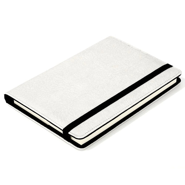 Poly PU Notebook A5 - White with black elastic band, sublimation blank notepad ideal for custom printing and office use.