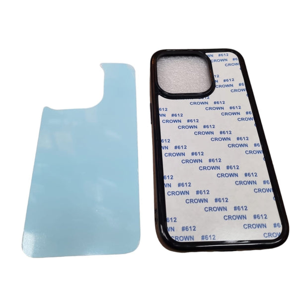 iPhone 15 Pro 6.1 - SubliFlex - Black sublimation case with soft rubber edges and a white printable metal insert panel for custom printing.