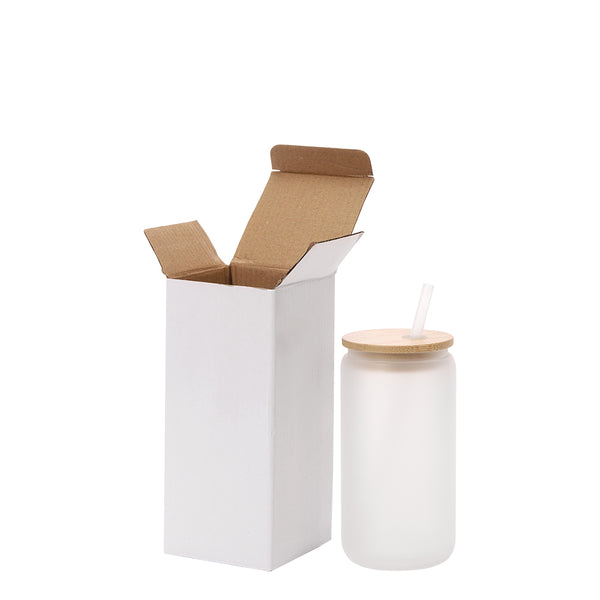 12OZ Double wall Glass Tumbler - Matt with bamboo lid and straw next to white packaging box, ideal for sublimation printing and gifting.