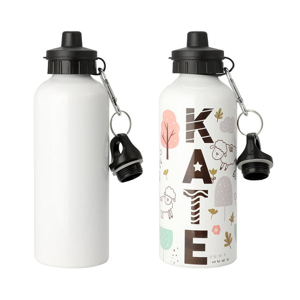 600ml sublimation water bottle with black lid, one blank and one with custom printed cute sheep design