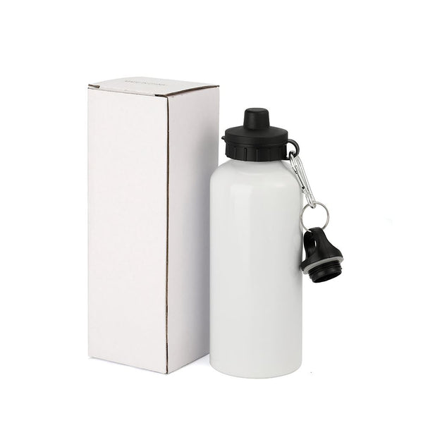 White 400ml aluminium water bottle with black lid, sublimation blank for engraving, next to plain box