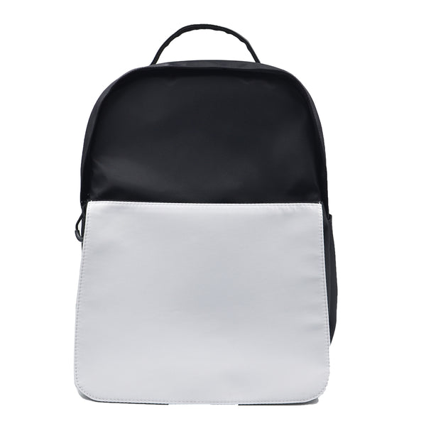 Black kids backpack with blank white front panel for sublimation or laser engraving