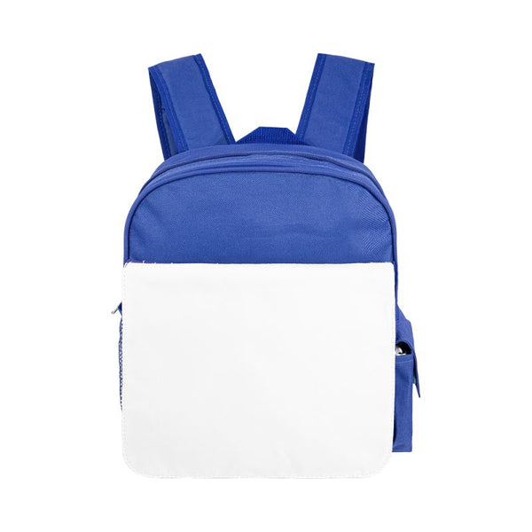 Blue kids backpack with blank white front panel for sublimation or laser engraving