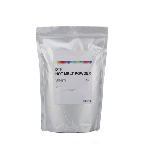 Subliflex DTF Powder - 80-200um -1kg/bag in silver resealable pouch for direct-to-film printing applications. Ideal DTF consumable for textile printing.