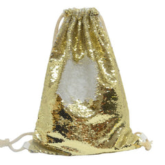Gold sequin drawstring bag with white center, ideal for sublimation or laser engraving.