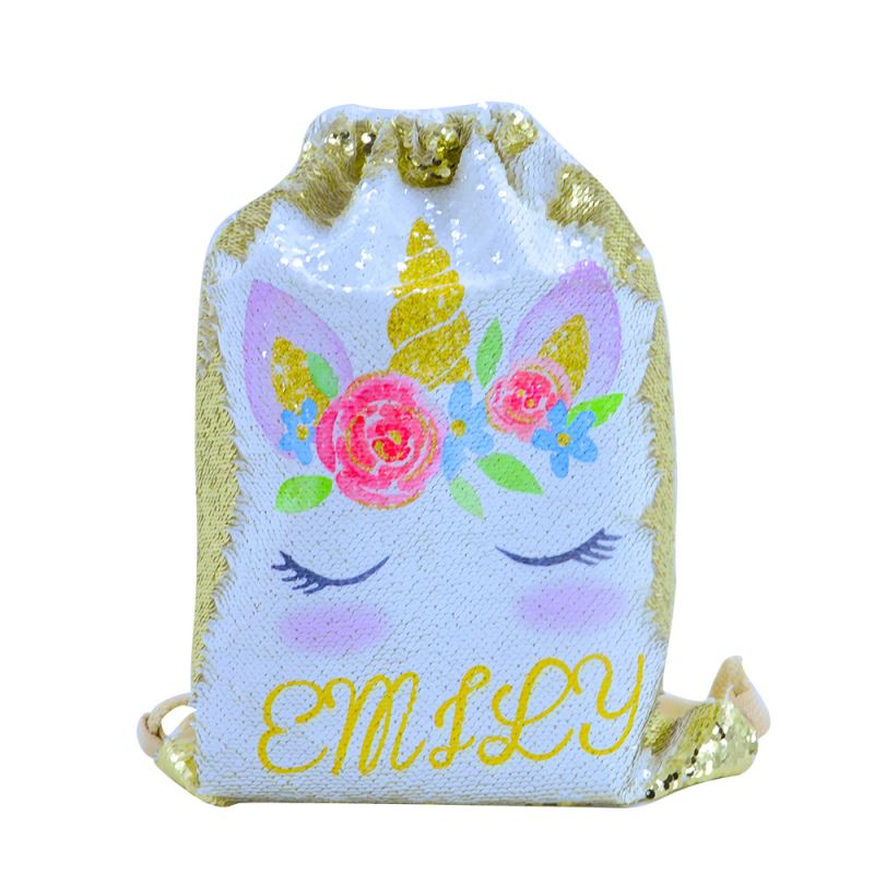 Gold sequin drawstring bag with unicorn face, floral accents, and custom sublimation name