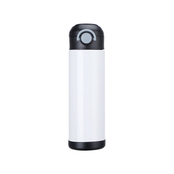 Kids Water Bottle with Straw -500ml -Black featuring a sleek white sublimation surface and black lid, ideal for custom printing and personalization.