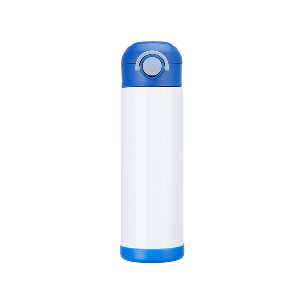 Kids Water Bottle with Straw -500ml -Blue featuring a white sublimation-ready body and blue lid, ideal for custom designs and personalization.