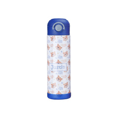 Customized Kids Water Bottle with Straw -500ml -Blue showcasing a teddy bear print and name personalization, perfect for school or gifts.