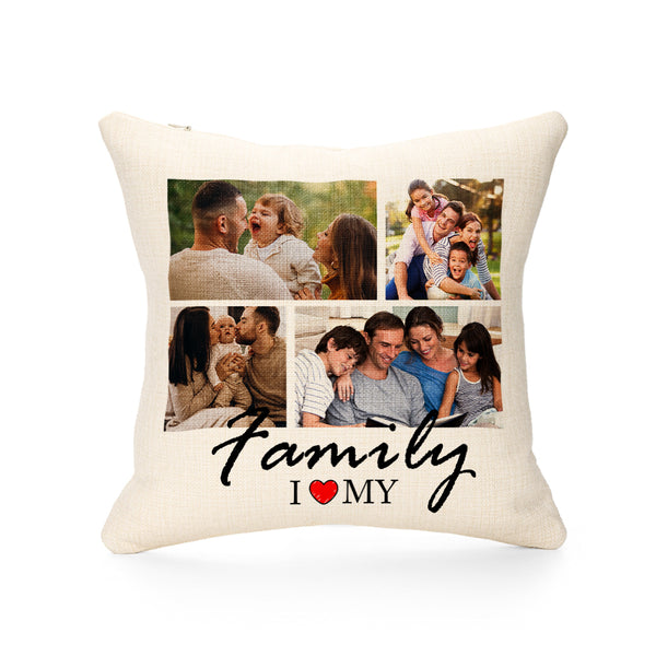 Linen cushion cover with family photo collage and 'I love my family' text, blank sublimation product
