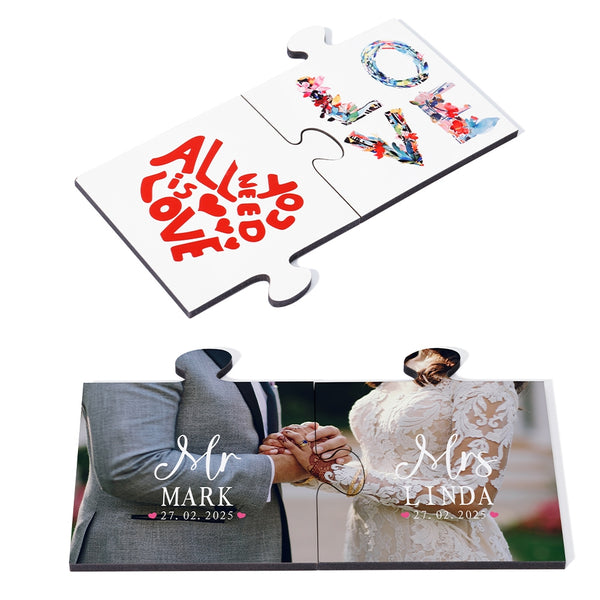 MDF Couple Coaster Set with puzzle design, customized with romantic text and wedding photo, ideal for sublimation printing gifts.