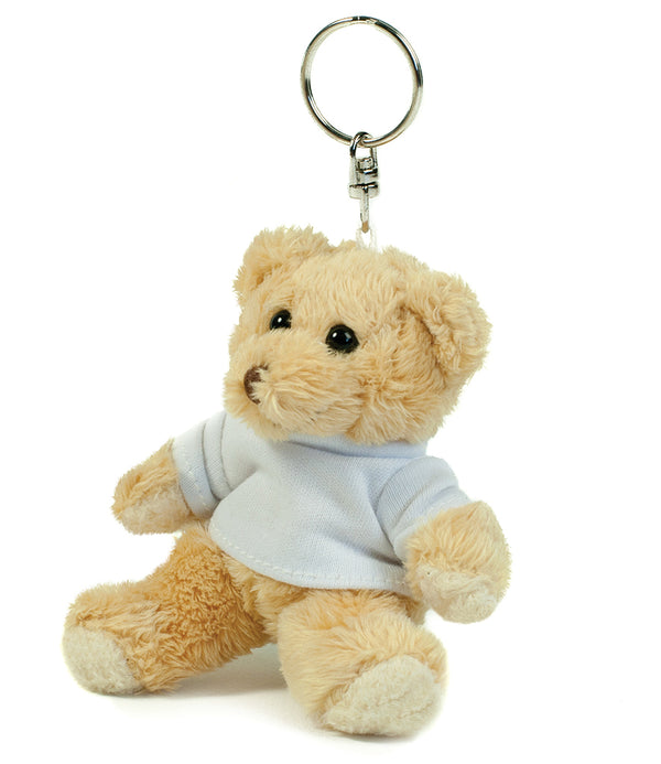 Mumbles Light Brown Bear Key Ring featuring a soft plush teddy bear in a white shirt, ideal for sublimation and personalizing accessories.