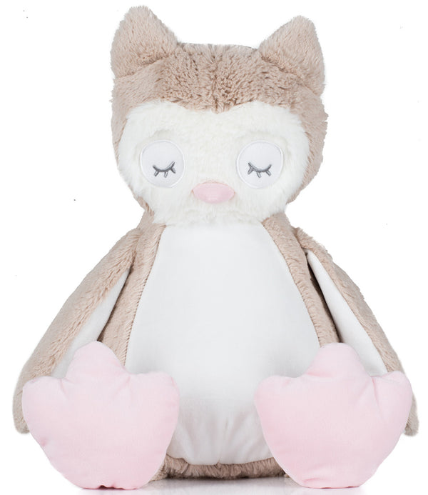 Mumbles Zippie light brown owl with soft fur, closed eyes, and pink feet, perfect for cuddling and personalizing.
