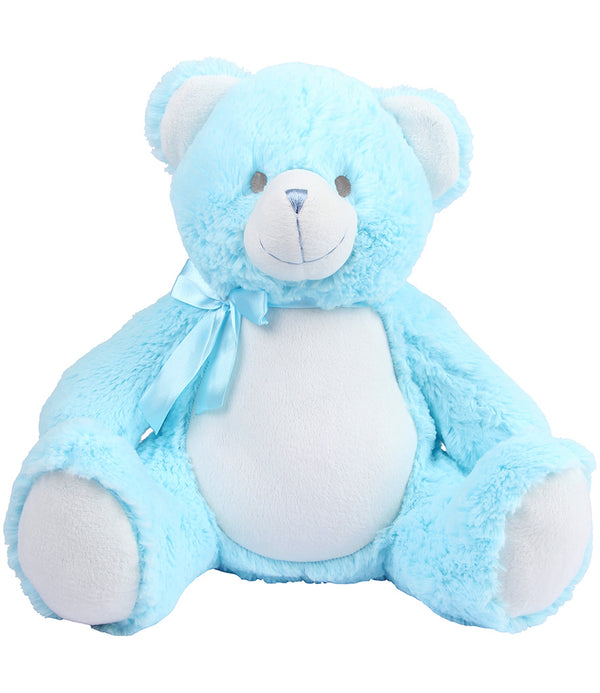 Mumbles Zippie blue New Baby Bear in soft blue fur with a cute expression and a bow, perfect for cuddling and gifting.