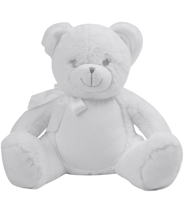 Mumbles Zippie New Baby Bear, soft white bear with a bow, perfect for cuddling and personalization.