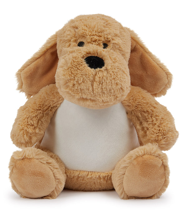 Mumbles Brown Dog plush toy with soft tan fur and white sublimation panel, ideal for custom printing and gifting on special occasions.