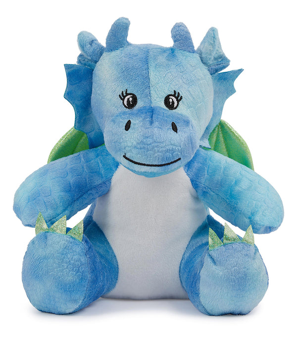 Mumbles Blue Dragon plush toy with soft blue and white fur, green wings, and embroidered eyes, ideal for sublimation printing and gifting.