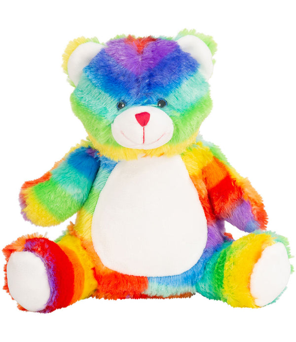 Mumbles Rainbow Bear plush toy with vibrant rainbow fur and white belly, ideal for sublimation printing and special occasion gifts.