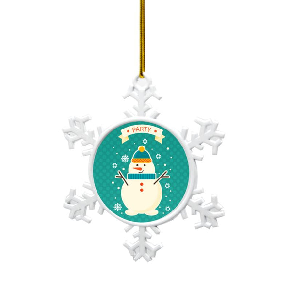 Metal snowflake sublimation ornament with snowman graphic, ideal for laser engraving.