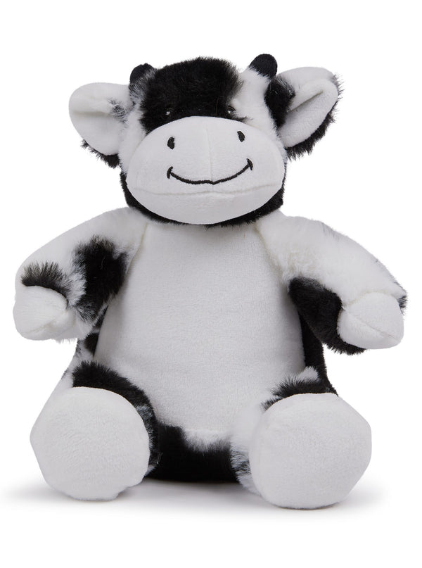 Mumbles Black & White Cow - Sublimation Blank plush toy with soft fur and a smiling face, ideal for personalisation and gifting.