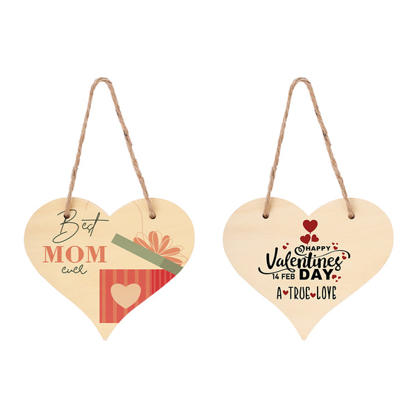 Natural MDF heart-shaped door plaques with gift and Valentine's Day designs for sublimation and laser engraving.