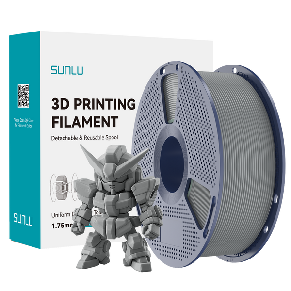Sunlu PLA+ 2.0 Grey Filament spool with a detailed model beside it, ideal for quality 3D prints.