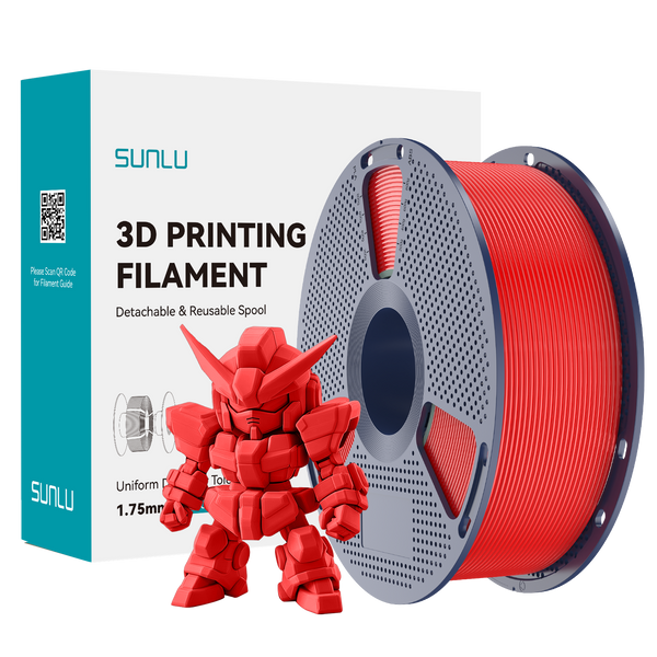 Sunlu PLA+ 2.0 Red Filament 1.75mm spool with red 3D printed model beside packaging.