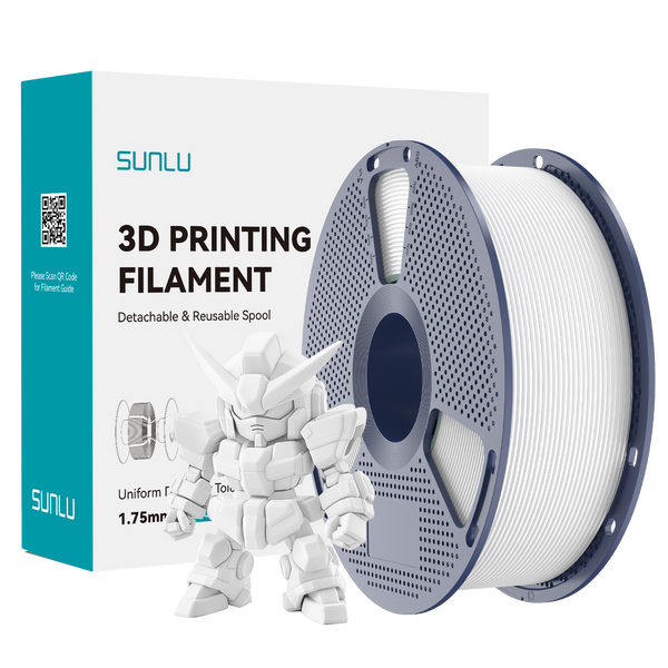 Sunlu PLA+ 2.0 White Filament in a spool with a 3D printed model, showcasing its premium quality and bright color.
