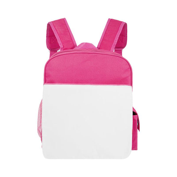 Blank pink kids backpack with white front panel for sublimation or laser engraving